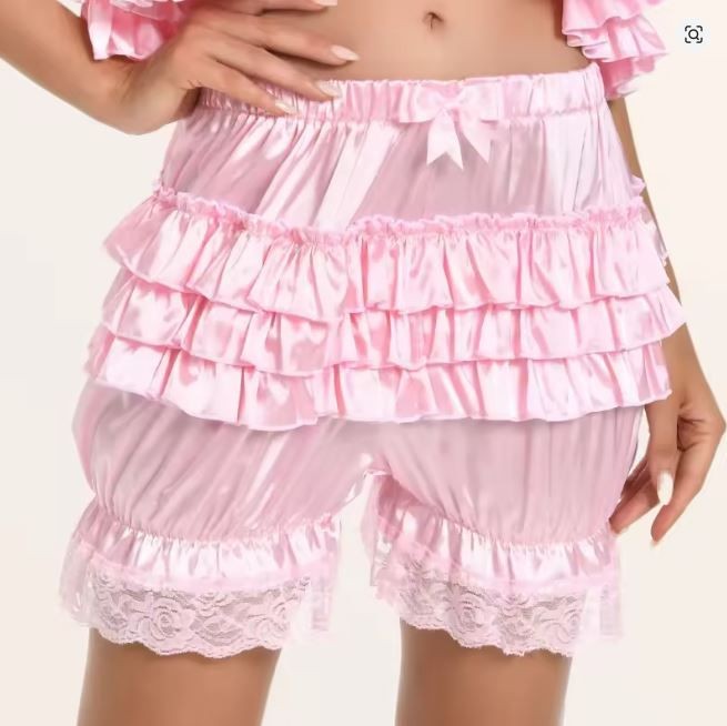 Silky satin bloomers luxury PINK shorts pants ruffled lace sissy size M / UK 10