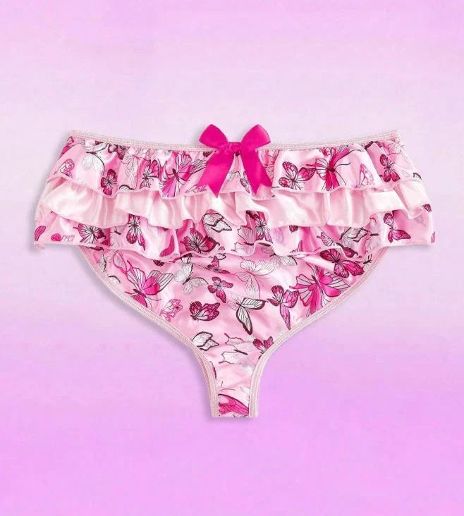 pink soft silky feel satin panties knickers sissy butterflies print size 10 (M)
