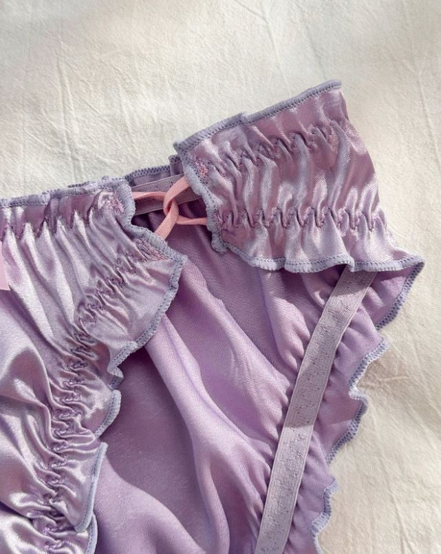 Sexy Lilac Satin Frilly Panties Bow Kawaii Lingerie Knickers silky size S UK 8