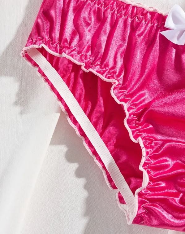 Womens silky feel pink satin panties bow & trim sissy knickers size 16-18 (XL)