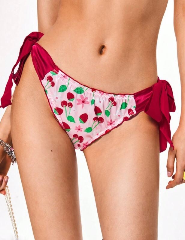 Women's stunning fruits print thongs adjustable sides silky feel soft satin
