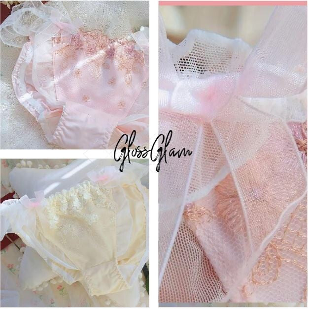 HOT! Japanese soft silky feel satin mesh trim panties embroidered tanga #sissy