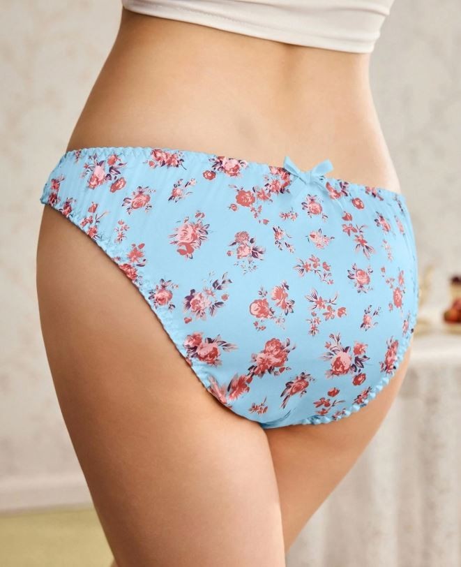 Women's floral blue silky feel knickers satin panties bow underwear sissy CD TV