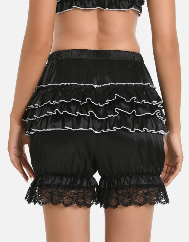 Silky satin bloomers black shorts pants ruffled lace trim sissy size L/UK 12-14