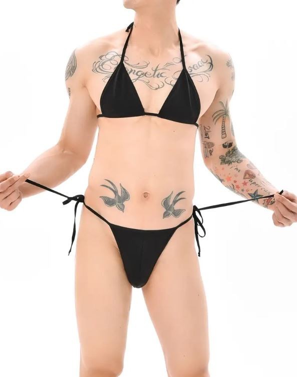 Mens black Micro Bikini Set String Triangle Bra Thong Swimwear ONE size fits S-L