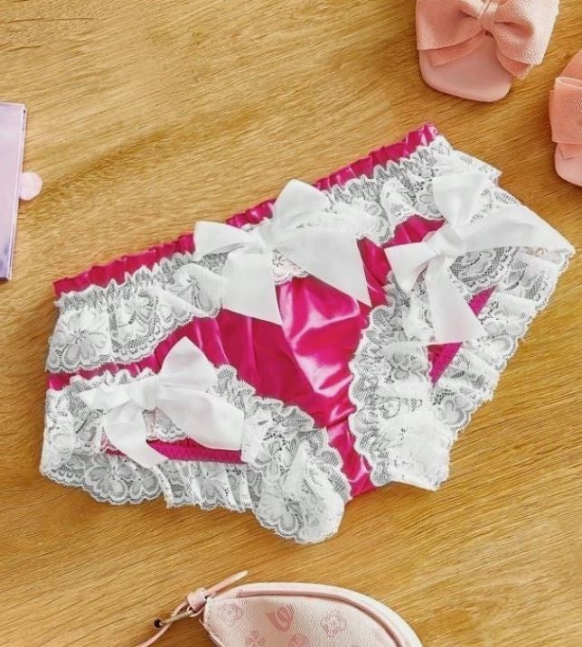 Pink Satin White Lace Frilly Knickers Bow Detail Sissy Style Briefs size L 12-14