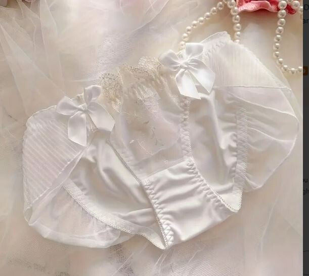 HOT! Japanese soft silky feel mesh trim panties embroidered bow tanga #sissy