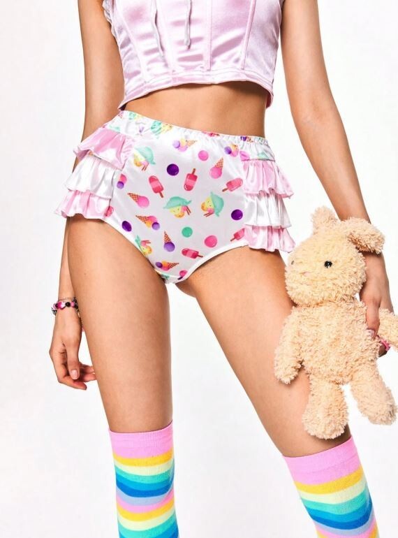 Womens stunning summer vibe satin knickers ice cream print and ruffle trim sissy
