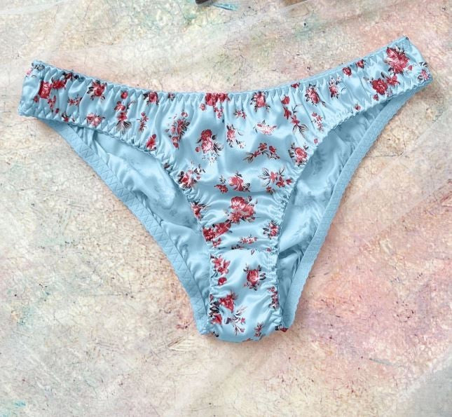 Women's floral blue silky feel knickers satin panties bow underwear sissy CD TV