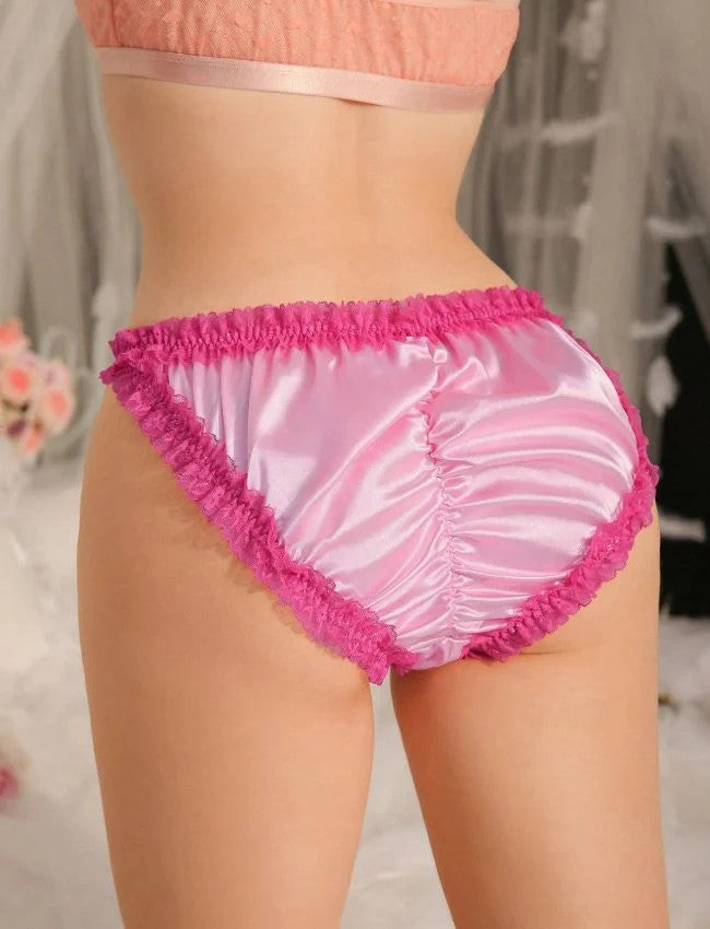 Women’s Satin Ruffle Bikini Pink & Fuchsia Lingerie Panties sissy size UK 24/4XL