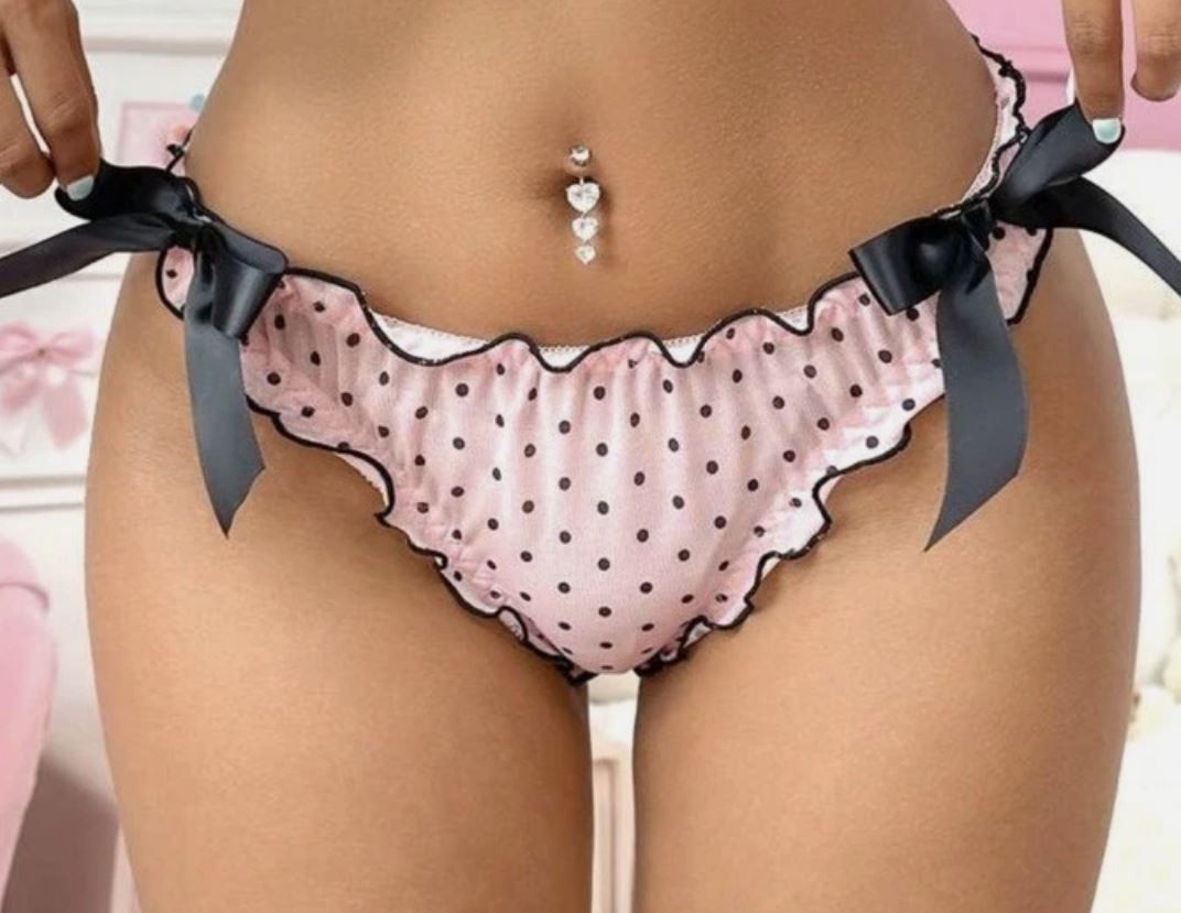Semi sheer panties pink polka dot knickers satin bow lettuce trim UK 16-18 / XL