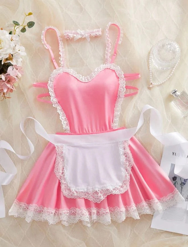 Silky feel soft pink fantasy maid lingerie nightdress 3 piece size 12-14/L
