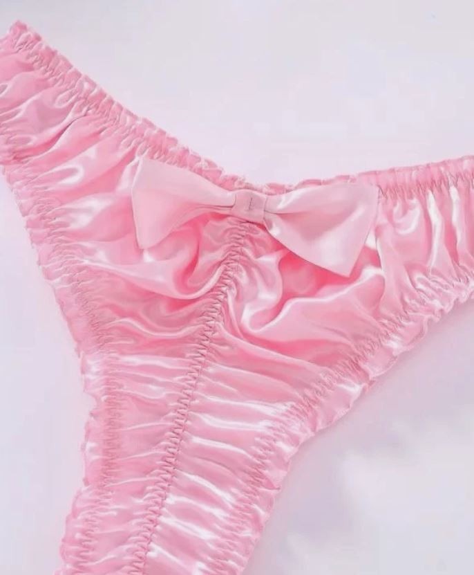 Women Pink Satin Thong Knickers silky feel with Ruched bum Detail & Bow size S 8