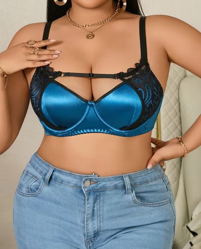 💗✨ Blue Satin Lace Bra – Silky Supportive Underwired Lingerie ✨💗 size XL 16-18