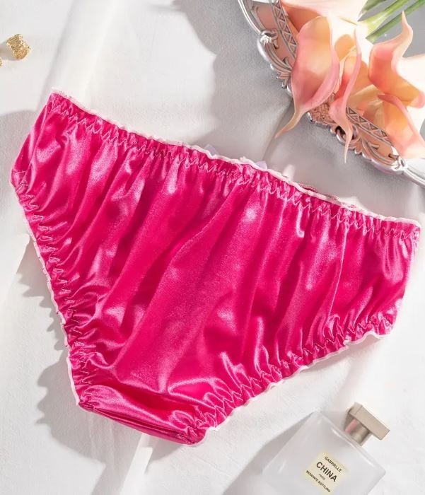 Womens silky feel pink satin panties bow & trim sissy knickers size 16-18 (XL)