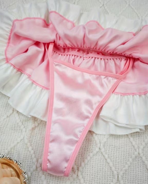 Women Pink Satin Ruffle Skirt Panties Bow Frill Lingerie knickers size 12-14 L