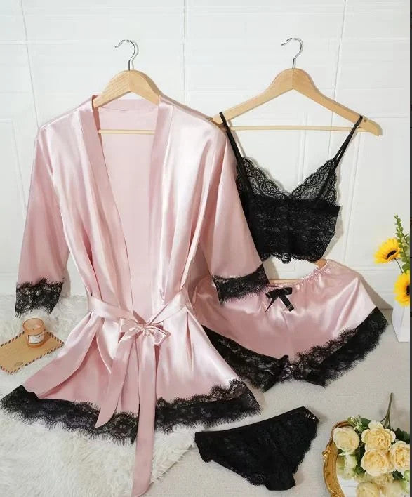 Silky feel baby pink satin black lace trim 4 piece lingerie set size 16/18 (XL)