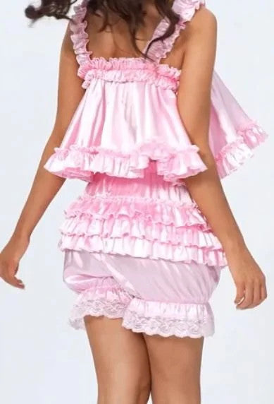 Silky satin bloomers luxury PINK shorts pants ruffled lace sissy size S / UK 8