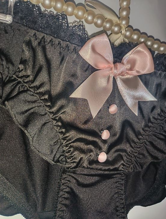 Black Satin Frilly Knickers Lace Trim Bow Detail buttons detail size M 8-10
