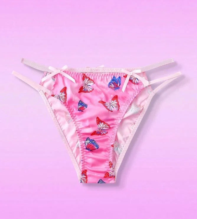 Pink soft silky feel satin panties tangas butterflies print size 16-18 (XL)