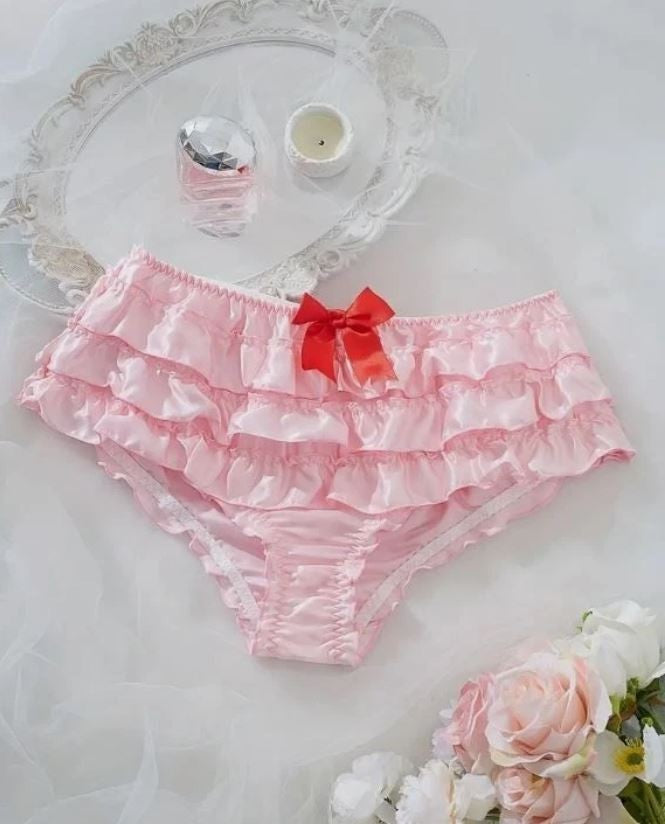 Women pink silky feel satin knickers ruffles red bow panties sissy CD size 10  M