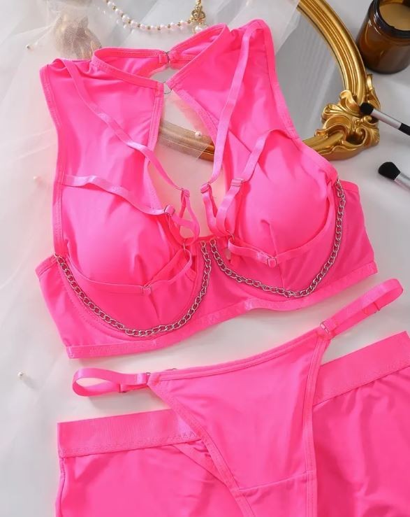 HOT! trendy lingerie 5-piece set soft silky feel satin chain detail women sissy