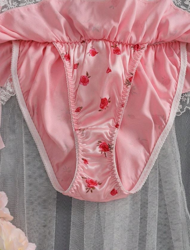Women's floral print pink silky feel satin knickers panties sissy size 10 (M)