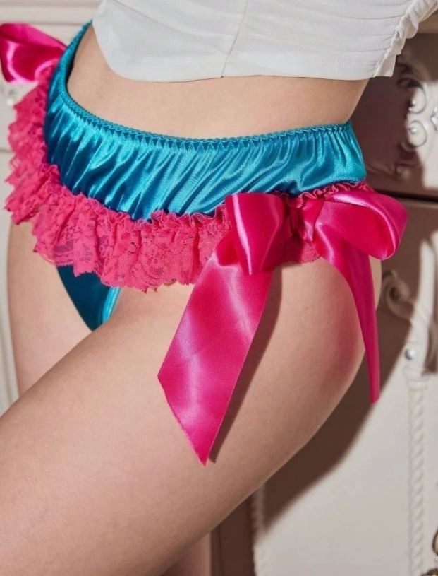 Women’s Teal silky Satin Thong Pink Ruffle Trim knickers sissy Panties size 10/M