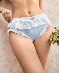 Women's Blue Satin Lace Ruffle Trim panties Bow Decorated silky feel knickers