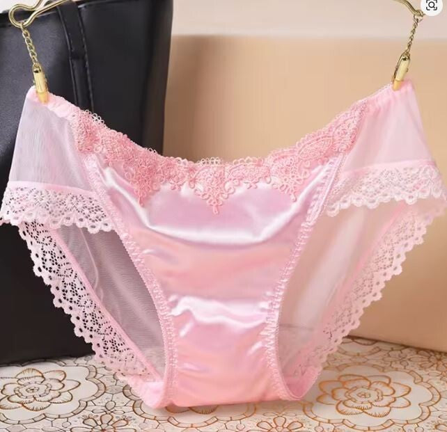 Stunning feminine silky feel satin knickers seamless embroidered lace back sissy