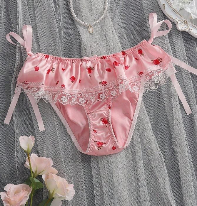 Women's floral print pink silky feel satin knickers panties sissy size 8 (S)