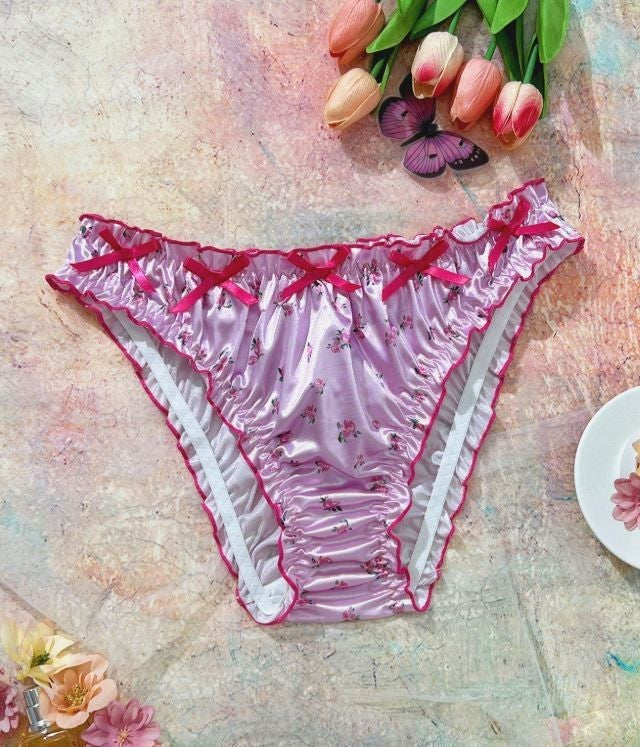 Women's floral print pink silky feel satin bows décor panties sissy size 8 (S)