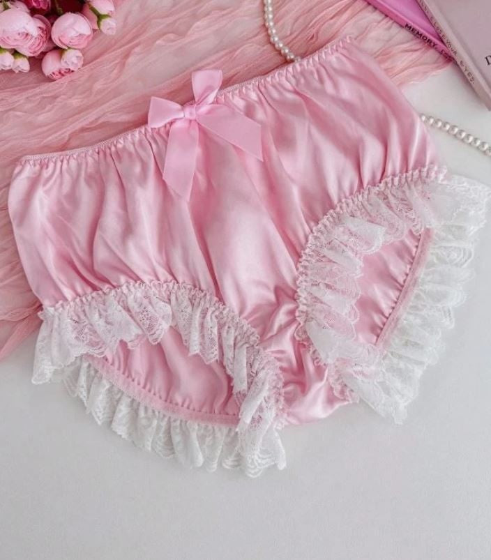 Pink Satin Lace Frilly Knickers Bow Zip Lingerie Booty Shorts size L UK 12-14
