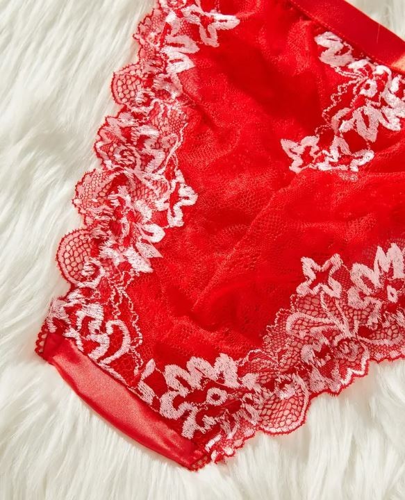 Women's red silky feel satin tanga panties knickers mesh lace sissy size 8 (S)