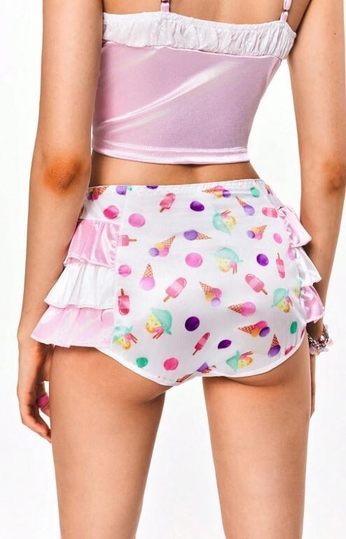 Womens stunning summer vibe satin knickers ice cream print and ruffle trim sissy
