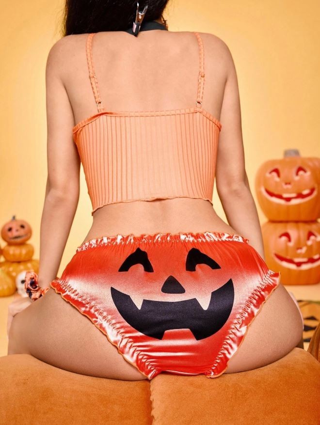 Women soft silky feel satin orange panties Halloween pumpkin knickers sizes M L