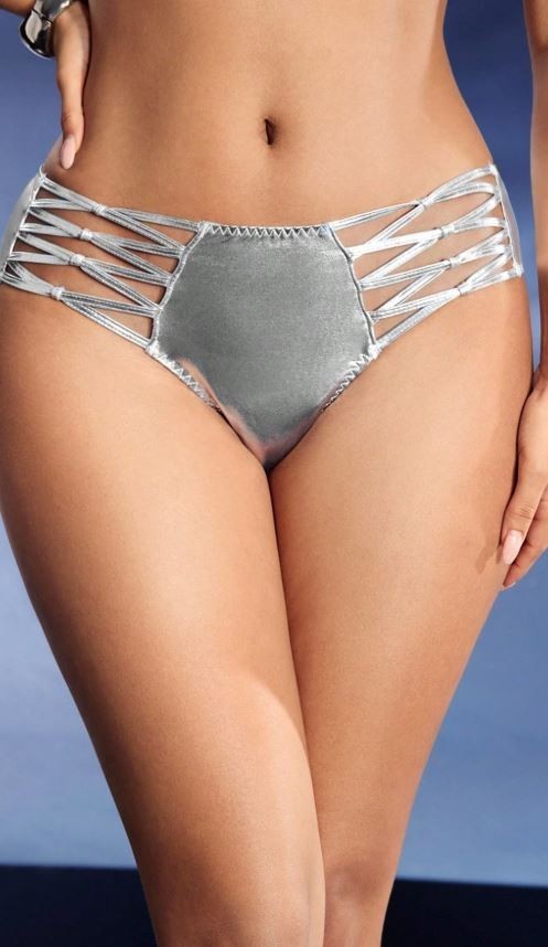 Womens silver soft PVC feel satin panties front design sissy festival size 8 (S)