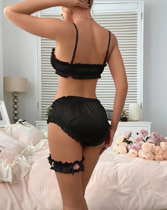 3-piece set satin bra knickers & garter sexy design sissy Pink Black Or White