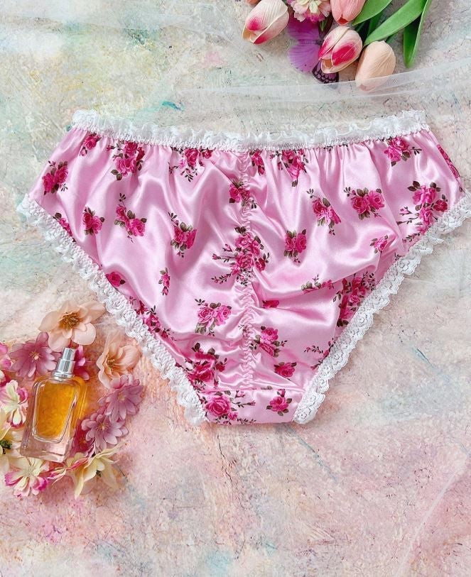 Women's silky feel floral satin panties ruched bum knickers lace trim size 8 (S)