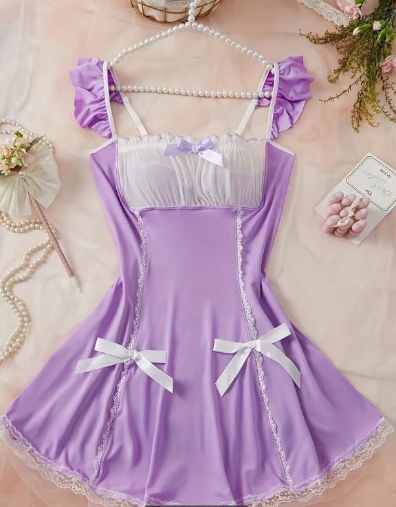 Women’s Lilac Satin Babydoll Nightdress Lace Trim Bow Chemise Lingerie size M 10