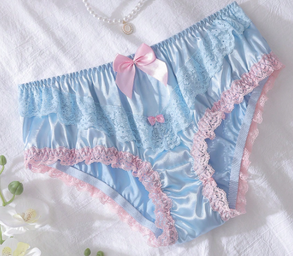 Women's silky feel soft satin knickers baby blue bow / lace detail sissy TV CD