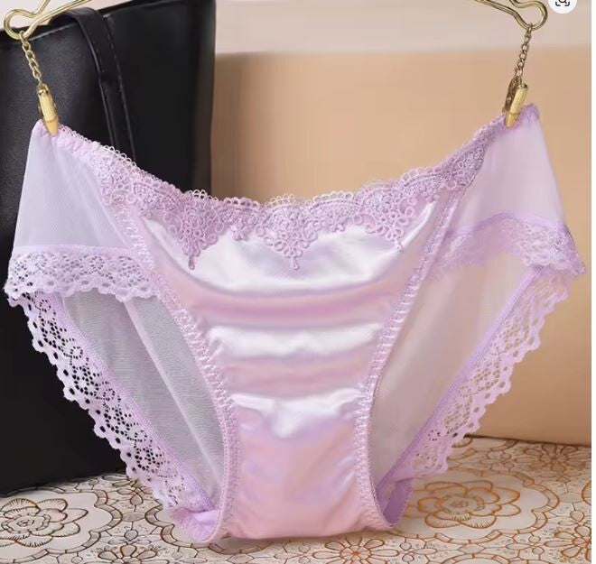 Stunning feminine silky feel satin knickers seamless embroidered lace back sissy
