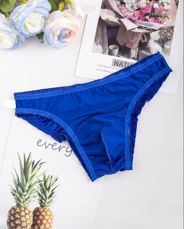 Men’s Satin ice silky ruched Panties Hot BLUE sissy Soft & Stretchy size L 12-14