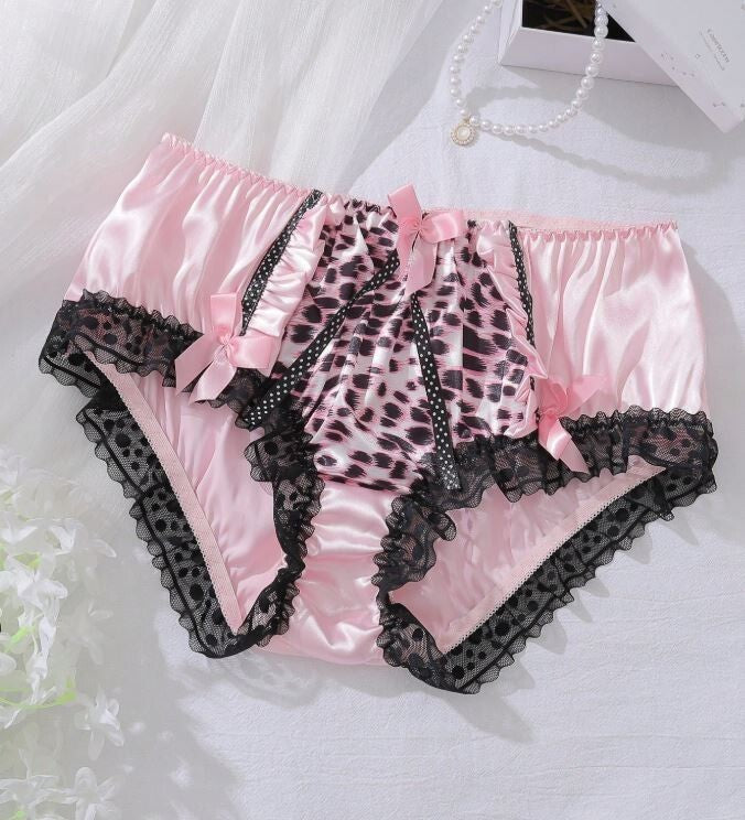 Women's sweet silky feel satin leopard print knickers ruffle trim bows sissy