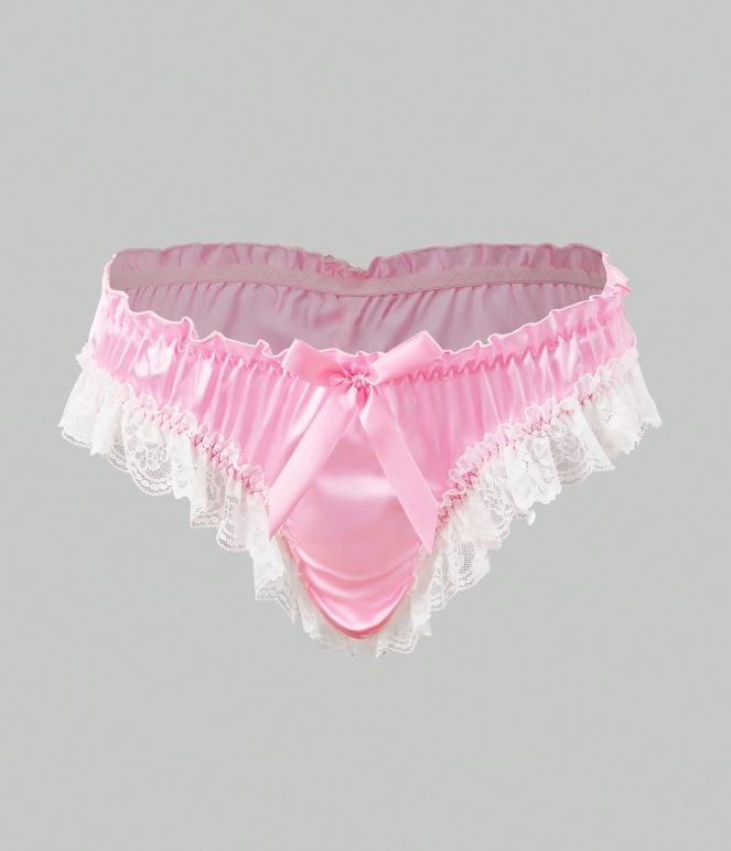 Men’s pink Satin silky feel panties ruched Luxury sissy lace trim size M 10