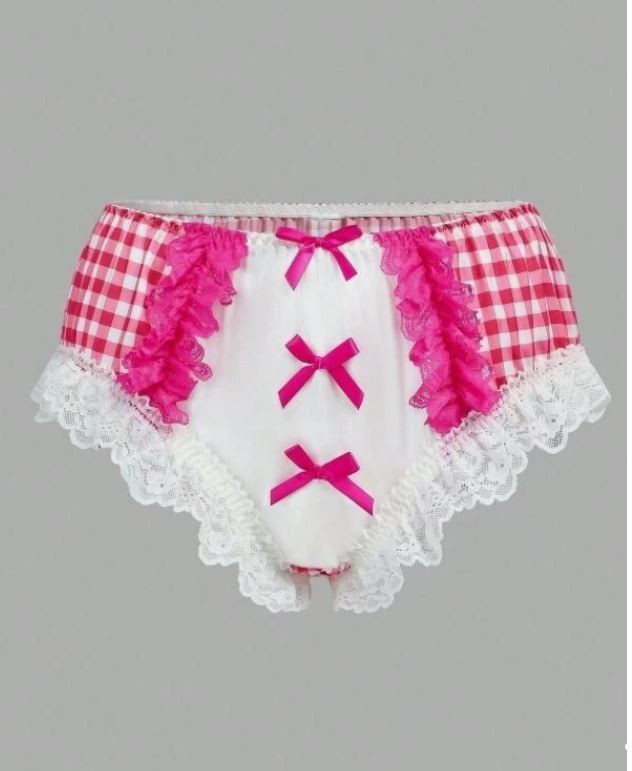 Gingham satin silky Panties Bow and lace trim Detail Knickers size L UK 12-14