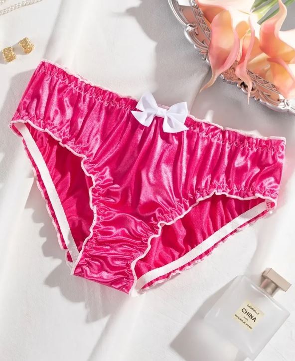 Womens silky feel pink satin panties bow & trim sissy knickers size 16-18 (XL)