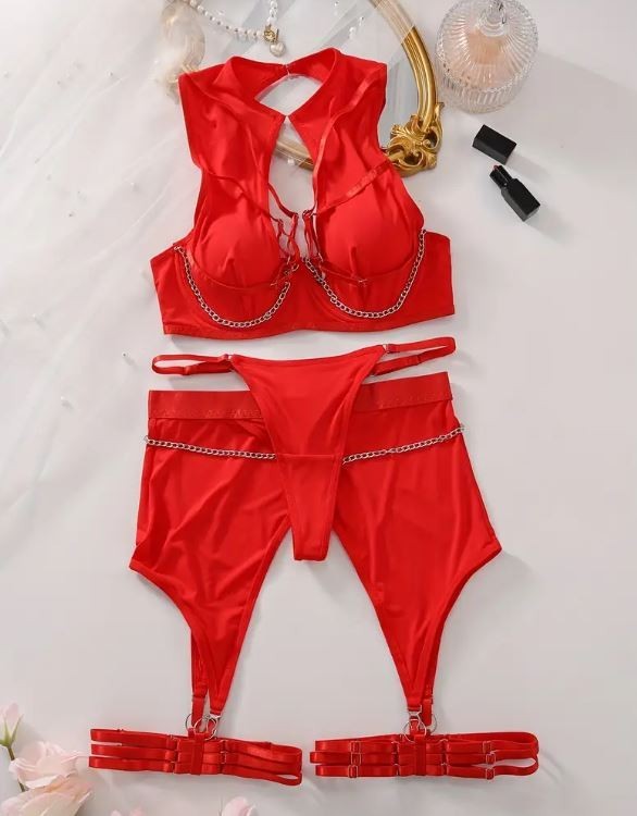 HOT! trendy lingerie 5-piece set soft silky feel satin chain detail women sissy