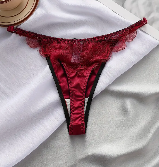 Seamless Floral Lace Trim Bow Decor Satin Thongs romantic panties sissy bridal