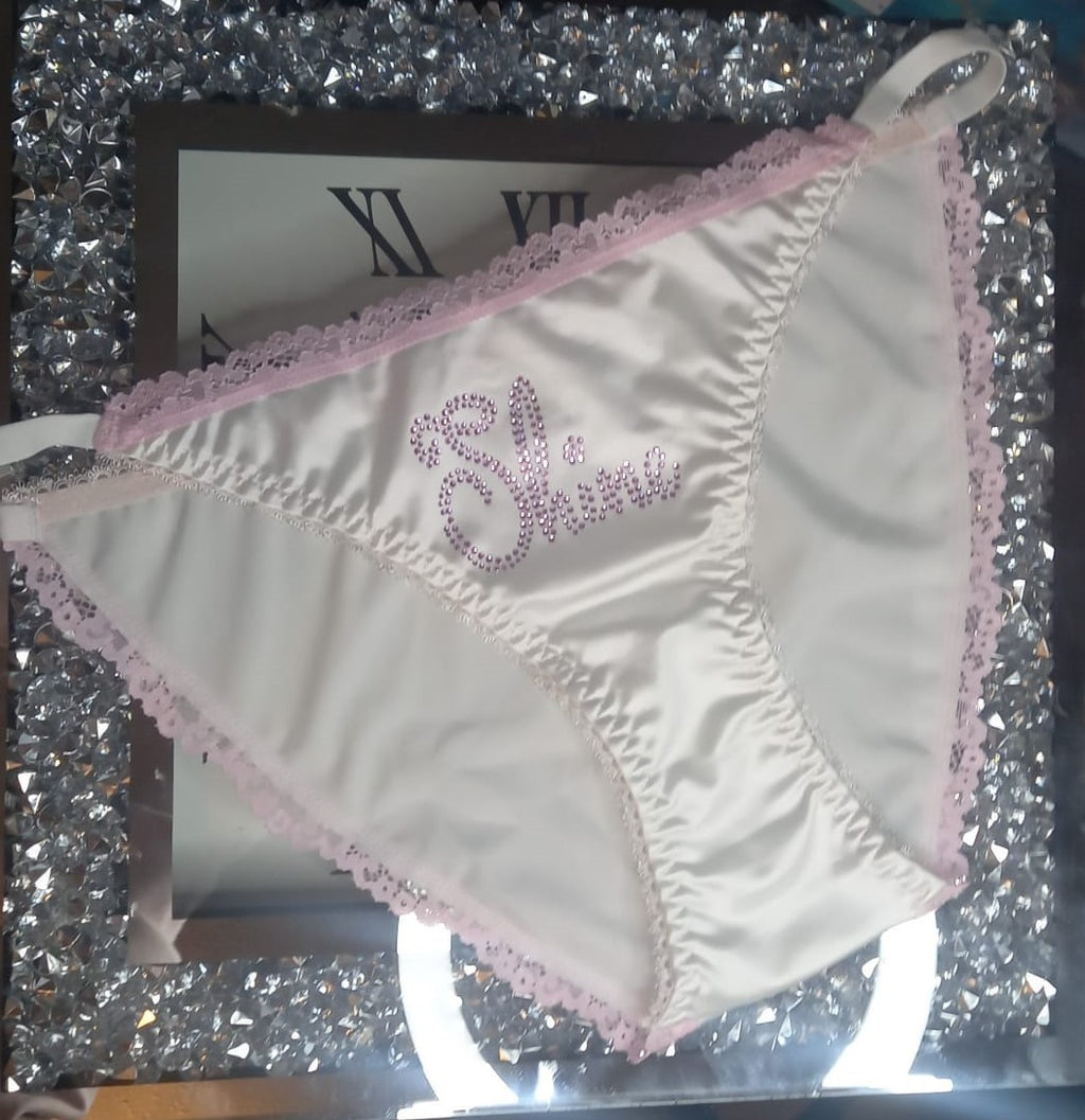 Women's white soft silky feel satin tanga panties SHINE print sissy size 10 (M)